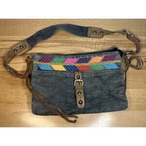 Lucky Brand Stressed Denim Crossbody Purse Bag Sz Medium Leather Zip Closure